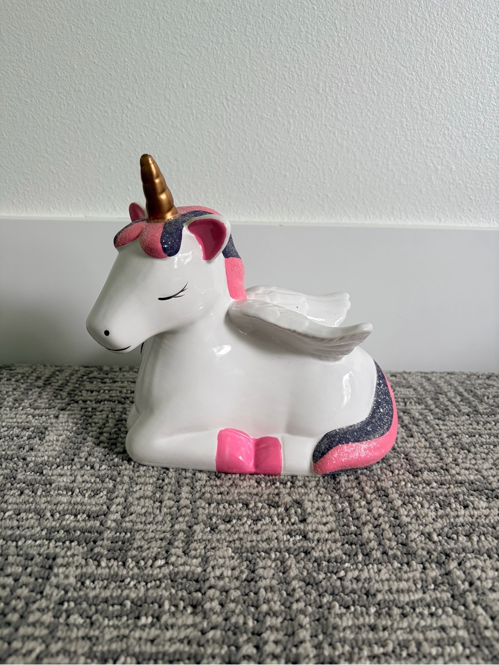 Ceramic White Unicorn Money Bank with Pink and Gold Accents